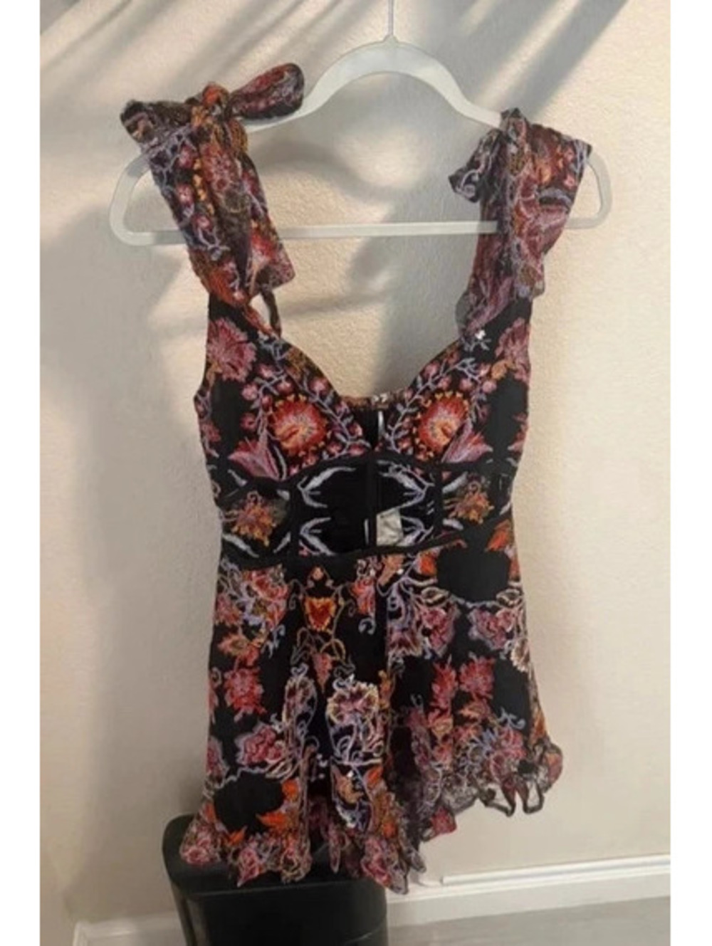 Free People NWT Embroidered Tie Strap Romper Black Pink Floral Cutout - Size M